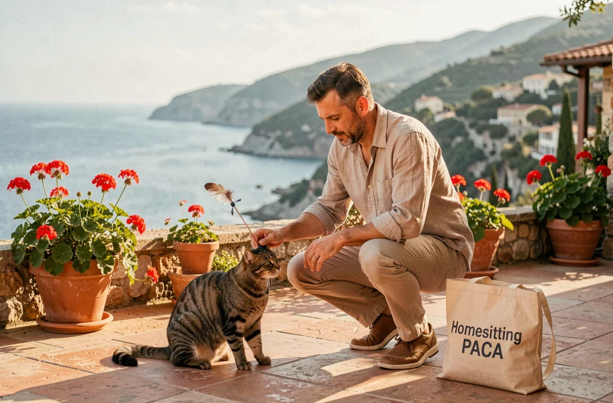 Un garde d'animaux jouant avec un chat tabby sur la terrasse ensoleillée d'une villa provençale de Cagnes-sur-Mer pour Homesitting PACA