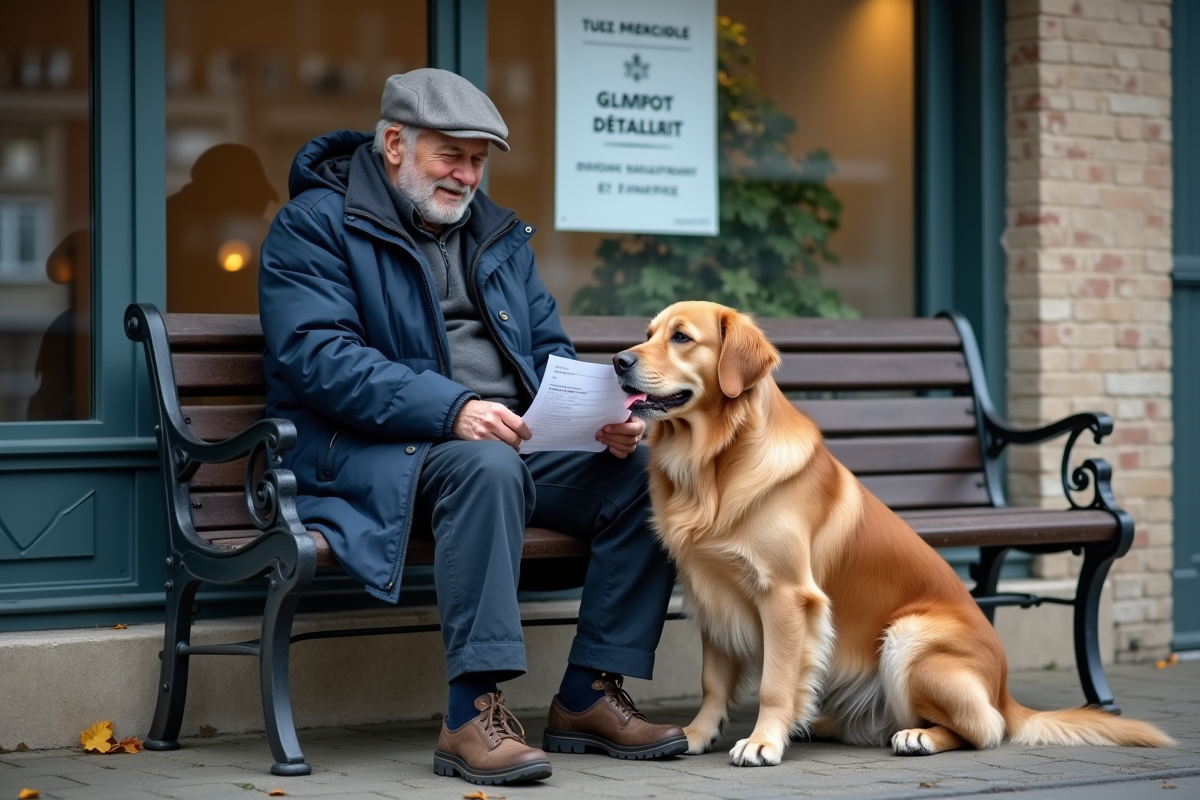 Homme âgé avec son chien devant une clinique vétérinaire