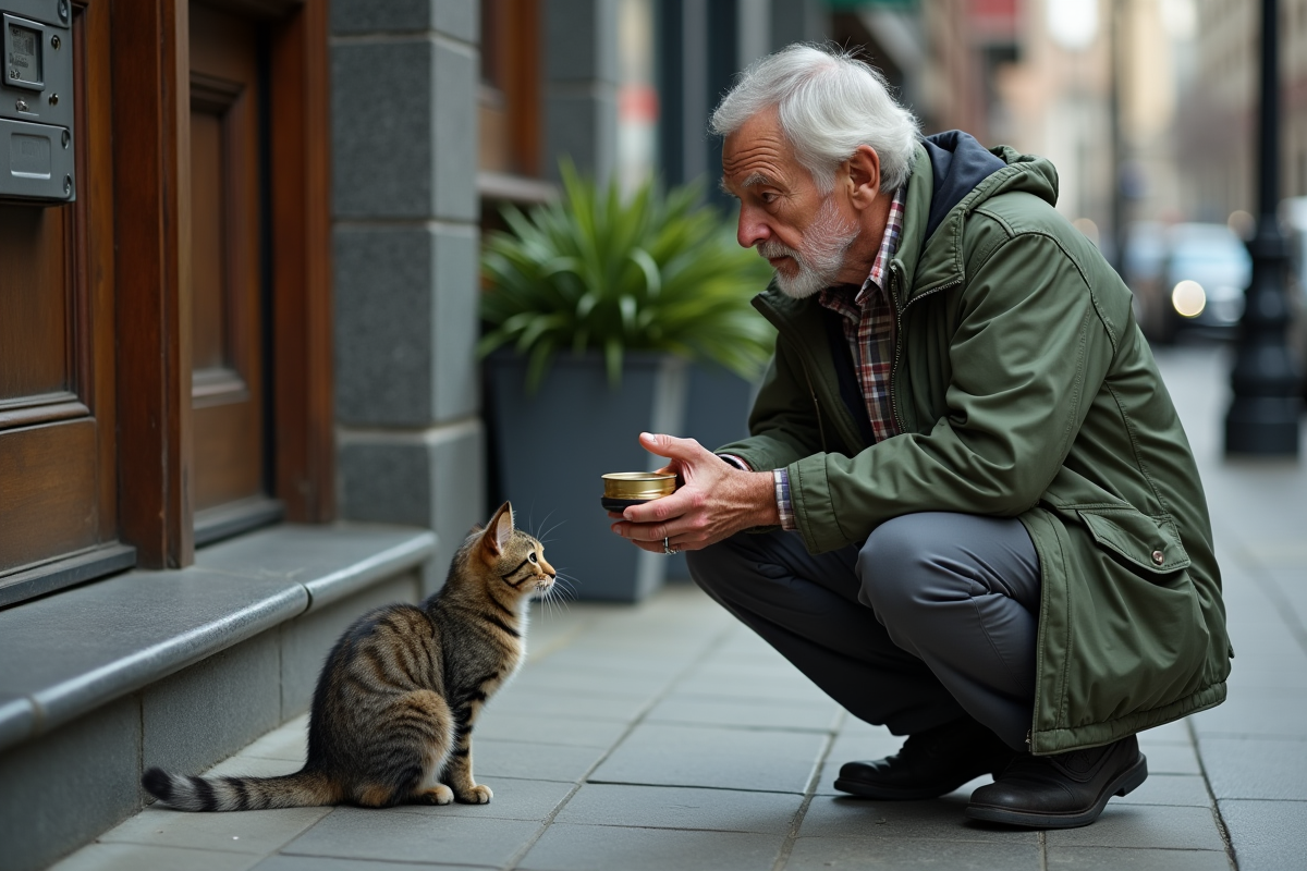 Homme âgé tendant de la nourriture pour chat devant un immeuble