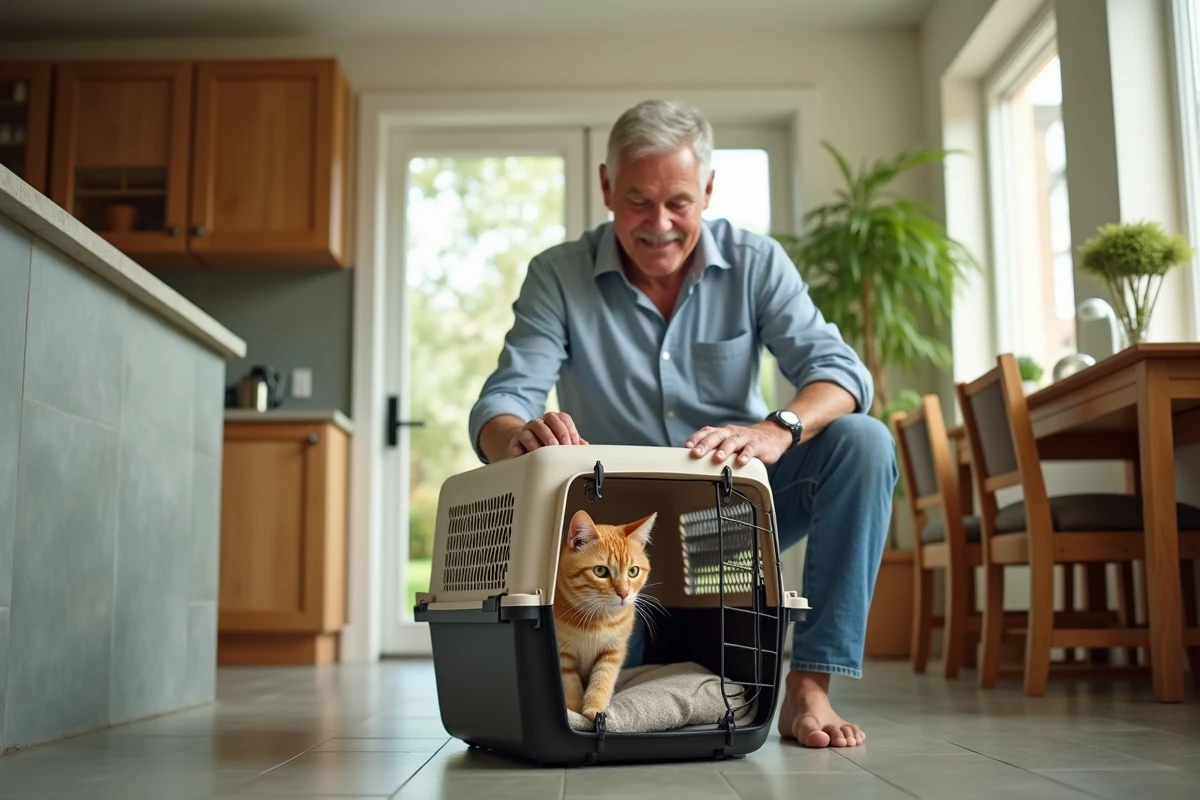 Homme observant son chat dans une caisse de transport