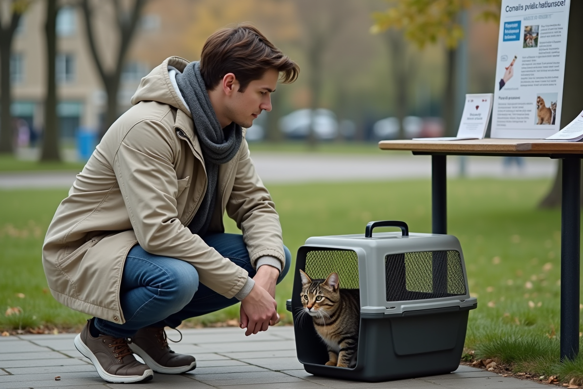 Jeune homme avec son chat dans un parc près d’un stand d’information