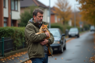 Homme d'âge moyen tenant un chat orange devant une voiture