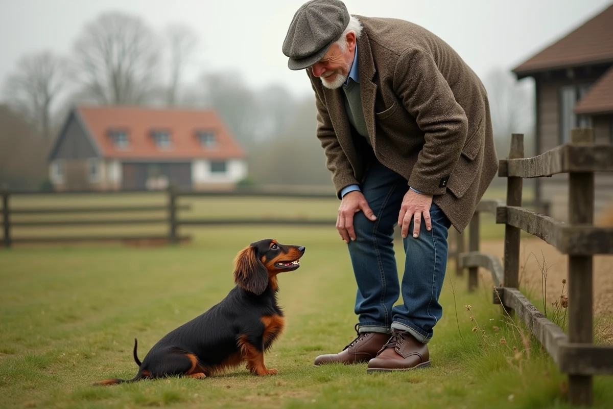 Homme âgé avec un chiot dachshund dans un champ