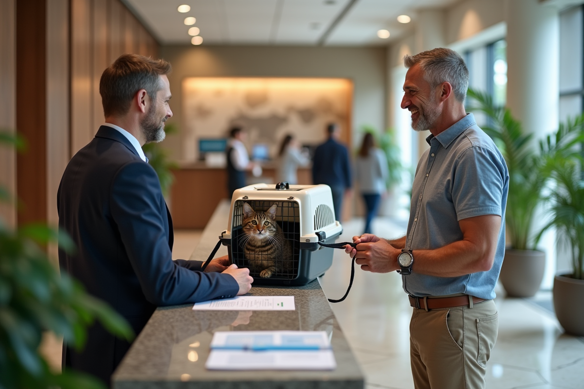 Homme avec chat en banque pour assurance animale