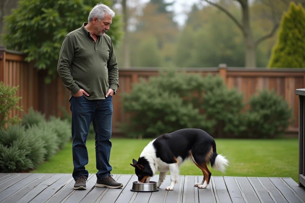 Homme observant son border collie manger des croquettes ultra premium dans un bol en acier inoxydable sur une terrasse en bois