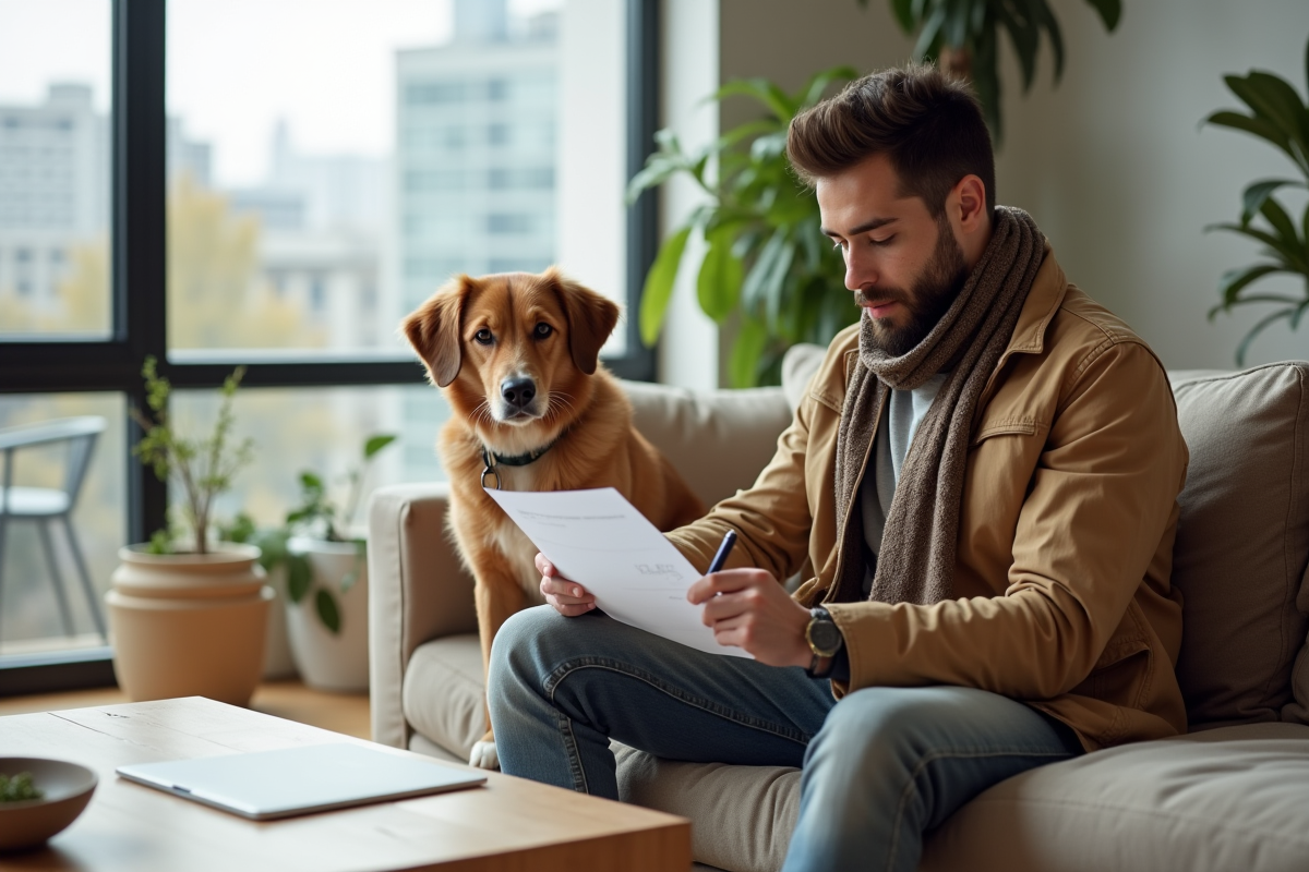 Homme et chien dans un salon lumineux