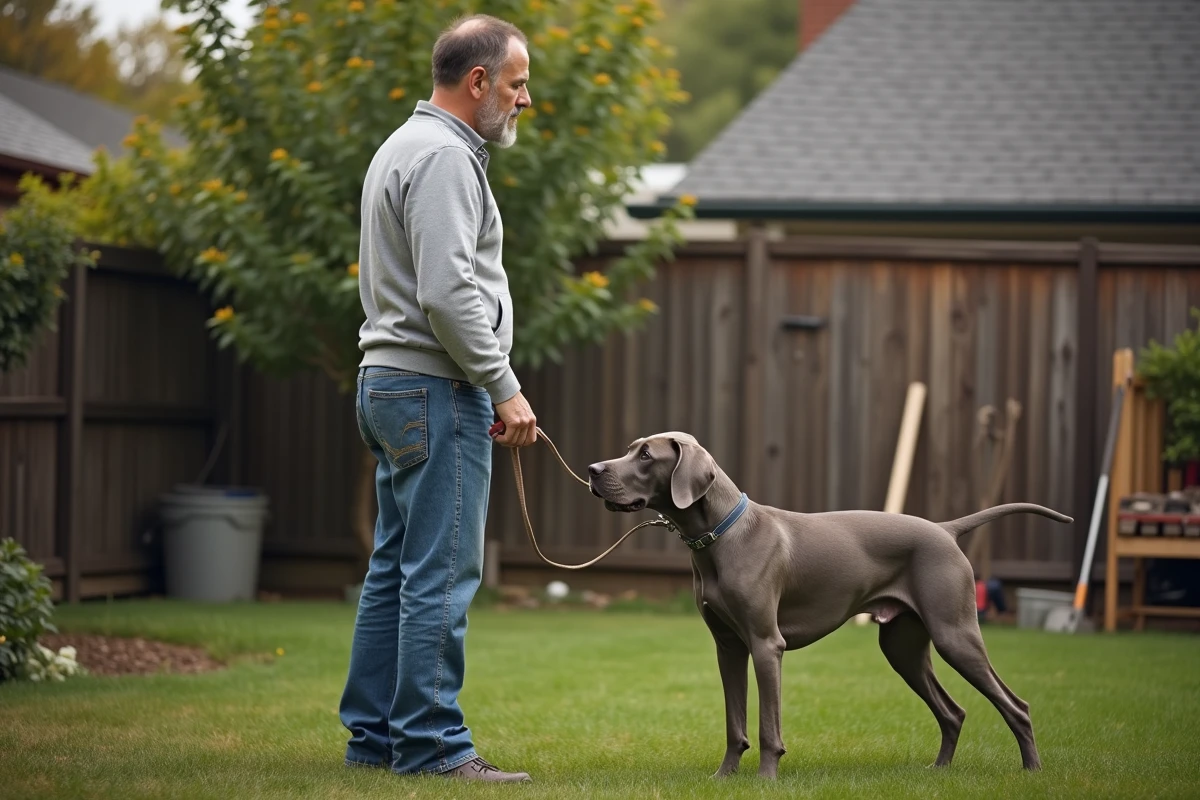 Homme inquiet avec un chien en laisse dans un jardin suburbain