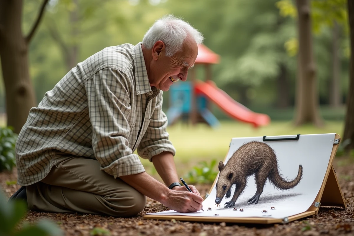 Homme âgé esquissant un fourmilier dans un parc en plein air