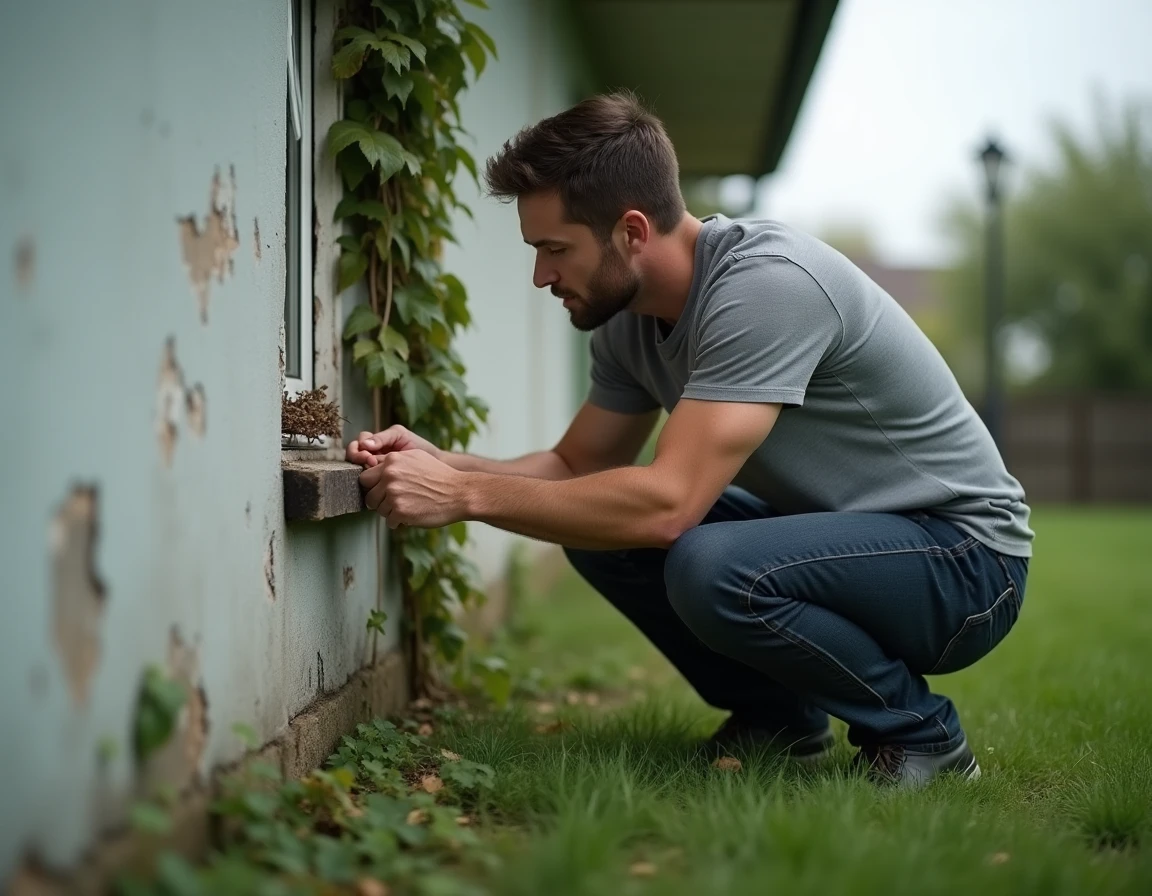 Homme inspectant des insectes sur le cadre d'une fenêtre extérieure de maison, prévention et conseils anti-insectes