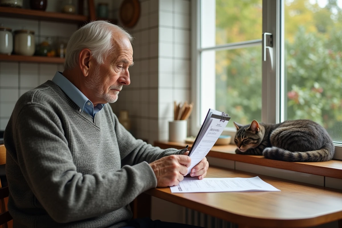 Homme âgé avec chat sur la fenêtre dans la cuisine lumineuse