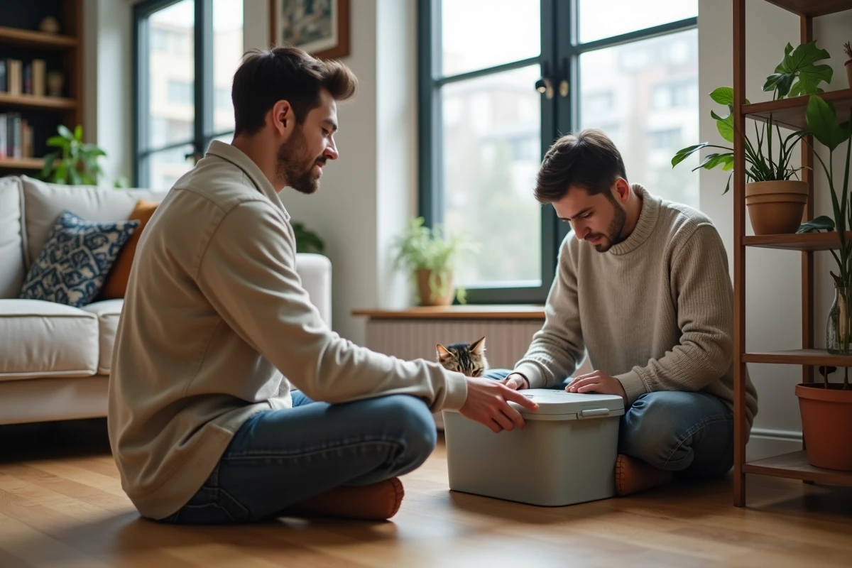 Jeune homme placant une litière dans un salon moderne