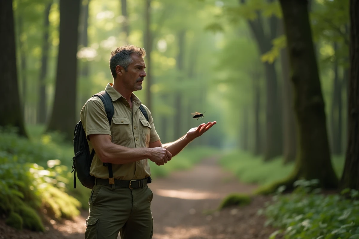 Homme en randonnée observant calmement un gros insecte noir volant autour de sa main en forêt