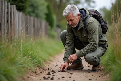 Homme curieux examine des traces d'animaux dans un jardin rural