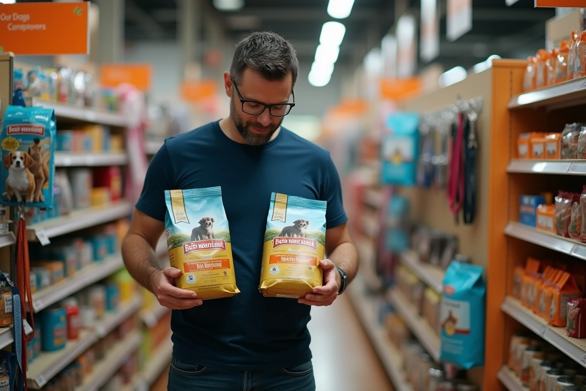 Homme comparant des croquettes pour chien dans le rayon d'une animalerie classique, processus de choix entre circuits de distribution