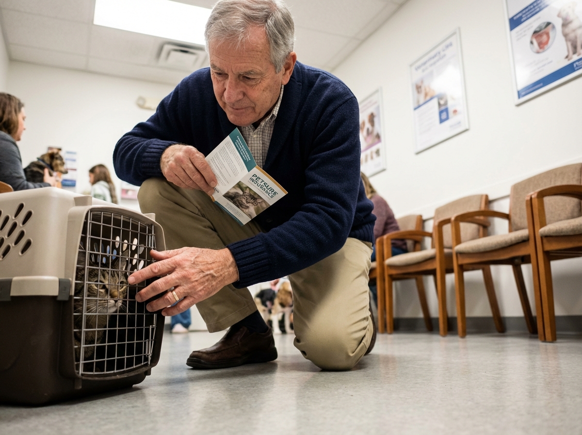 Homme rassurant son chat dans la salle d