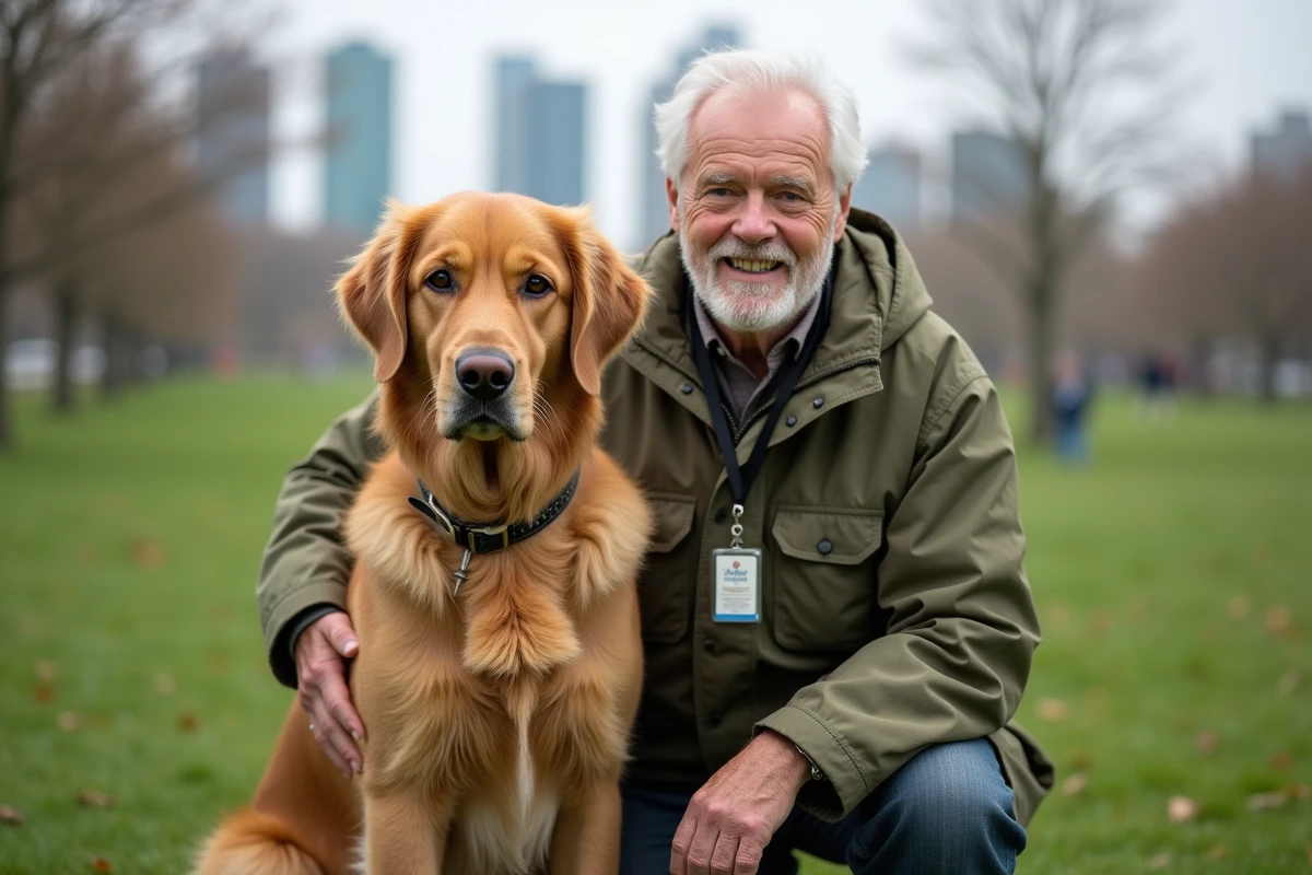 Homme âgé avec son retriever en parc urbain avec badge de certification