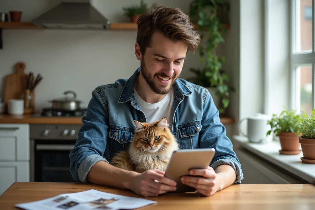 Jeune homme avec son chat dans une cuisine chaleureuse