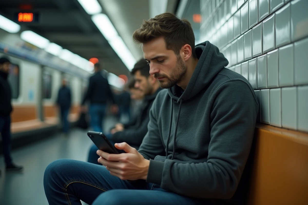 Homme consultant une application de tchat sécurisée sur son smartphone dans le métro