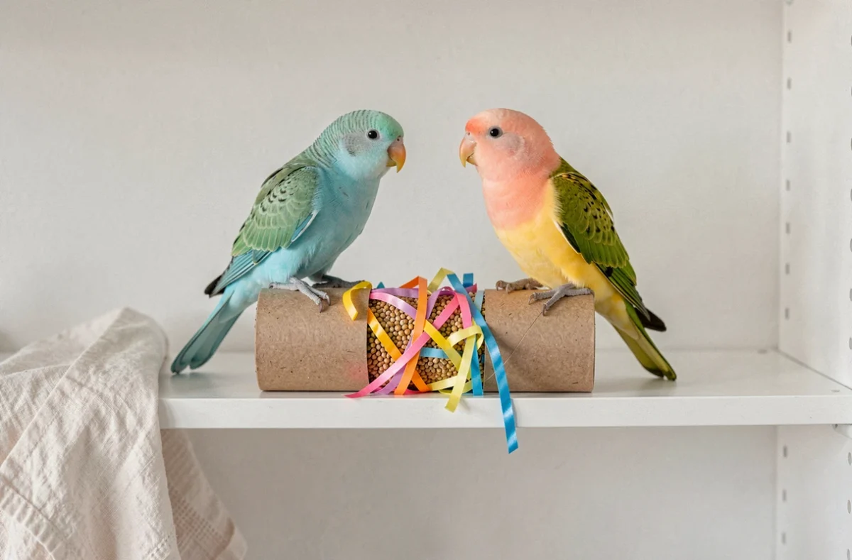 Deux inséparables colorés jouant avec un jouet de fouille DIY en rouleau de carton rempli de millet