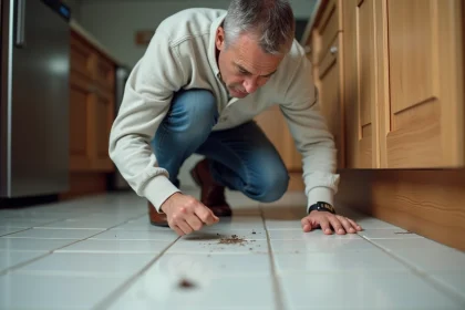 Homme d'âge moyen inspectant des déjections dans la cuisine