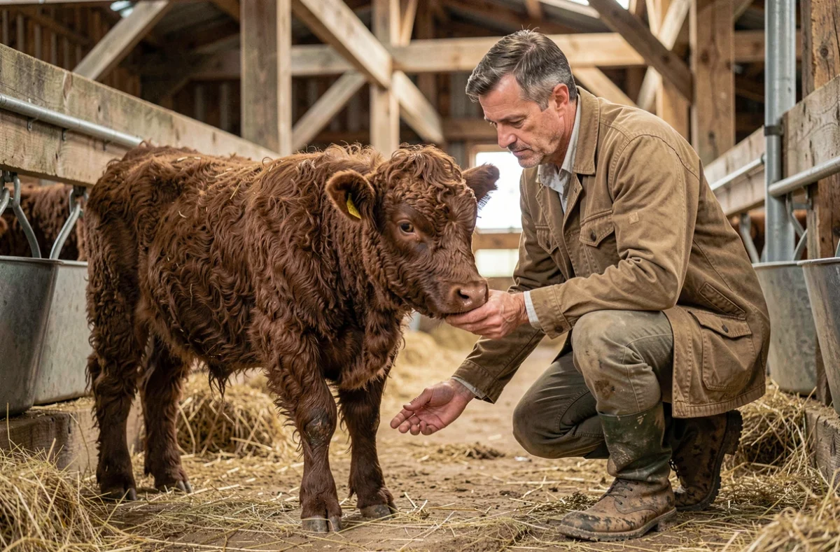 Homme inspectant une mini vache fluffy dans une grange avant adoption