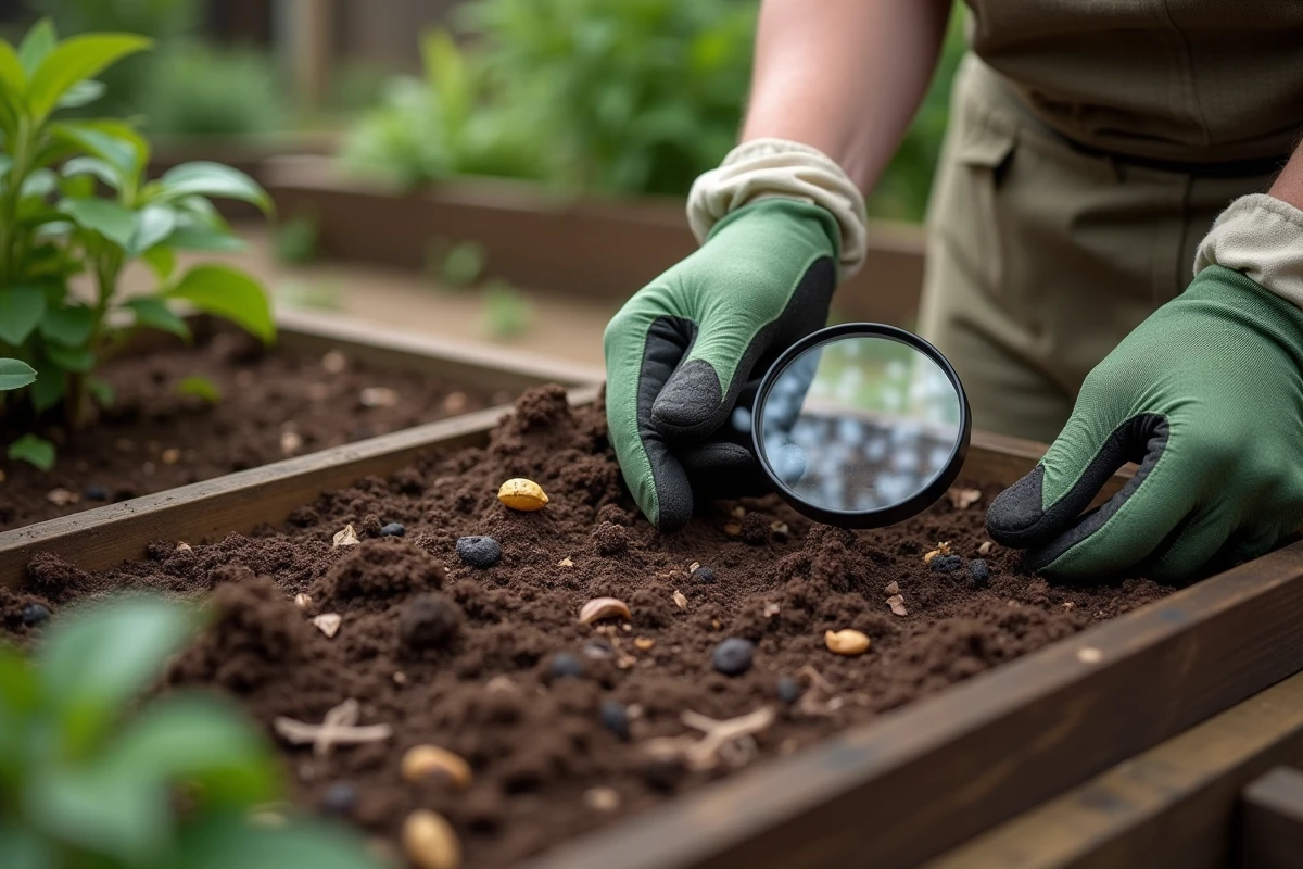 Main gantée d'un jardinier examinant des crottes de crapaud dans la terre avec une loupe