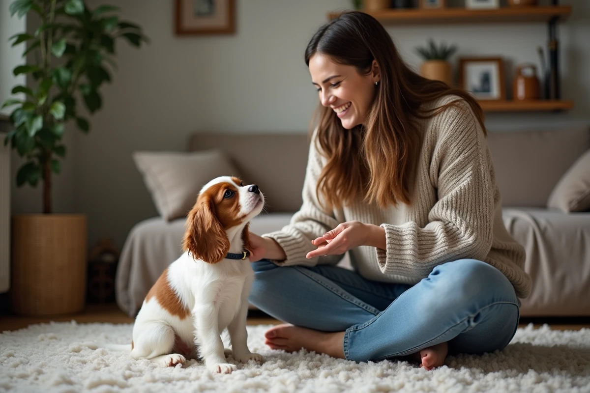 Jeune femme encourage un chiot King Charles Spaniel