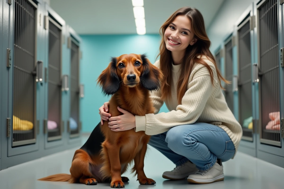 Jeune femme souriante avec un chien dachshund dans un refuge