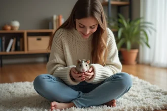 Jeune femme souriante tenant un cochon d'Inde nu dans un salon lumineux