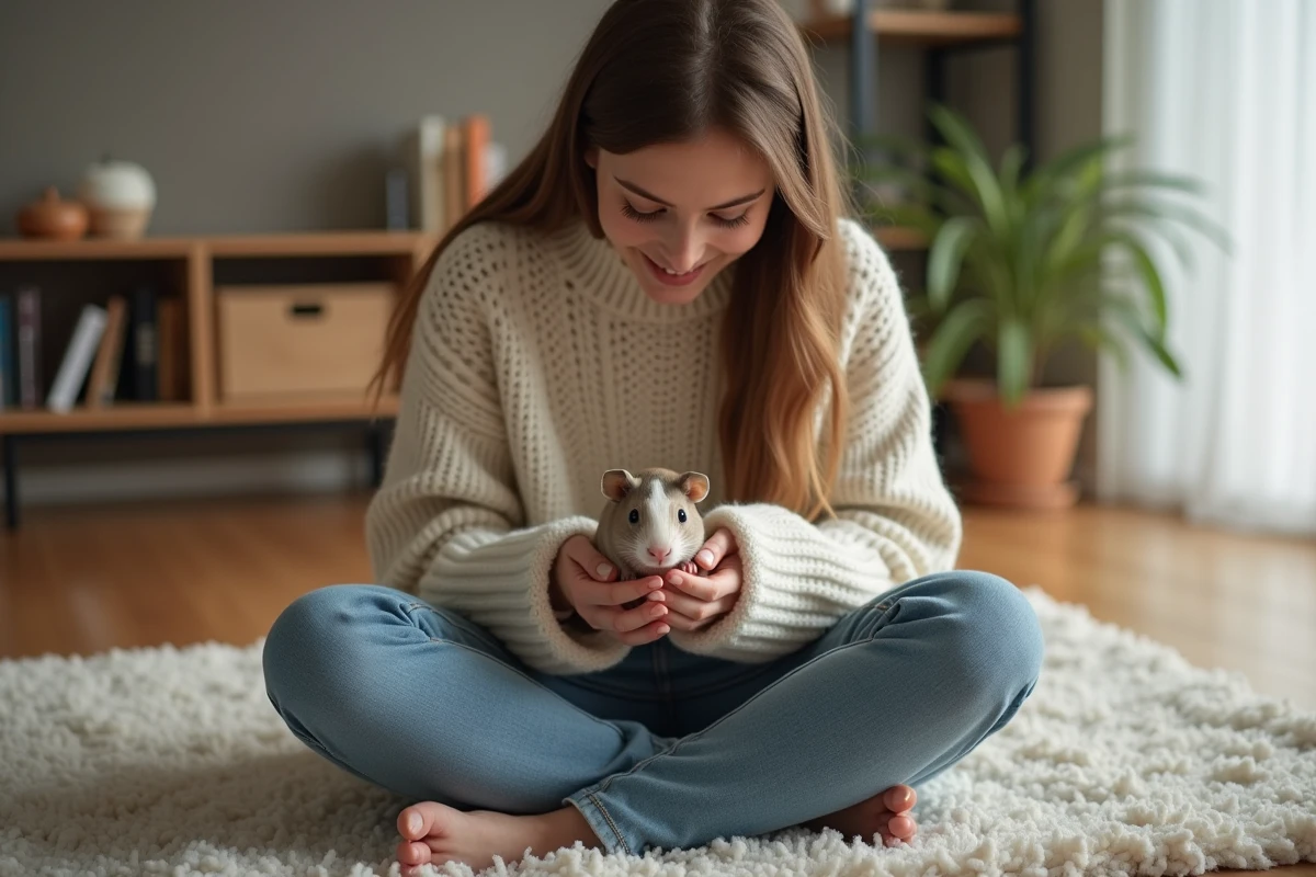 Jeune femme souriante tenant un cochon d'Inde nu dans un salon lumineux
