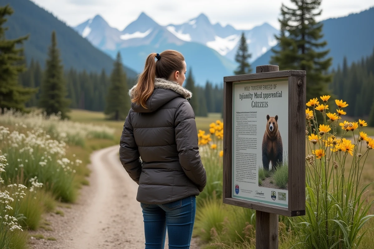 Jeune femme lisant un panneau sur la protection des ours