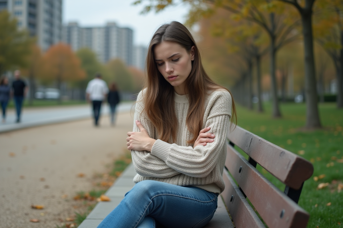 Jeune femme pensive assise dans un parc urbain