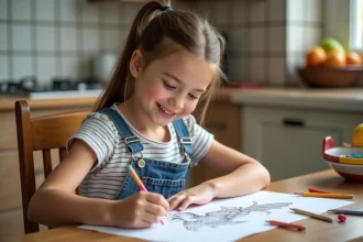 Jeune fille de 8 ans coloriant un oiseau dans la cuisine