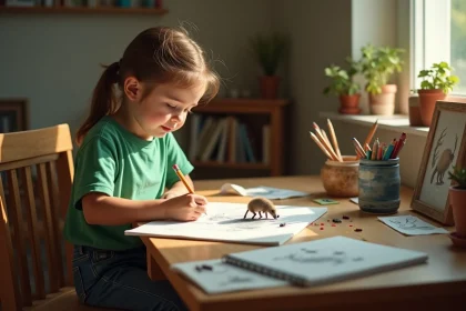 Jeune fille dessinant un fourmilier mangeant des fourmis dans son carnet