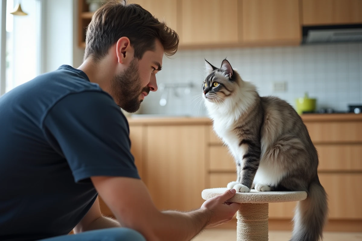 Jeune homme avec chat blanc et gris dans la cuisine