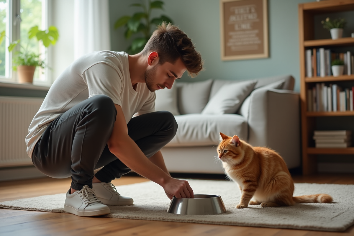 Jeune homme en tenue décontractée nourrissant un chat dans le salon