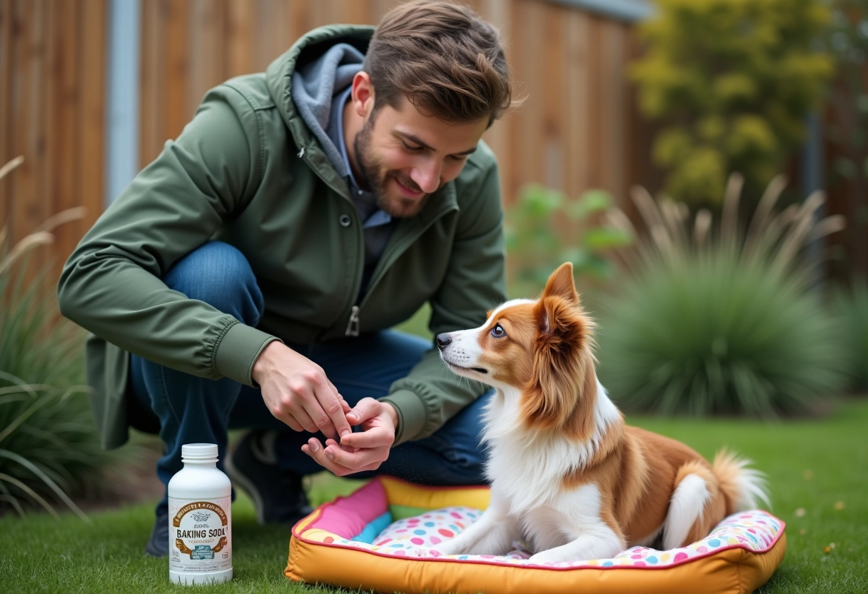 Jeune homme saupoudrant du bicarbonate sur un chien
