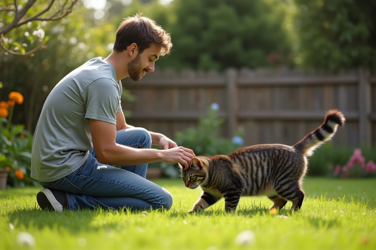 Jeune homme jouant avec un Maine coon dans le jardin