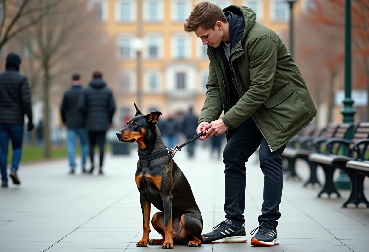 Jeune homme en parka vert attachant son chien en espace urbain