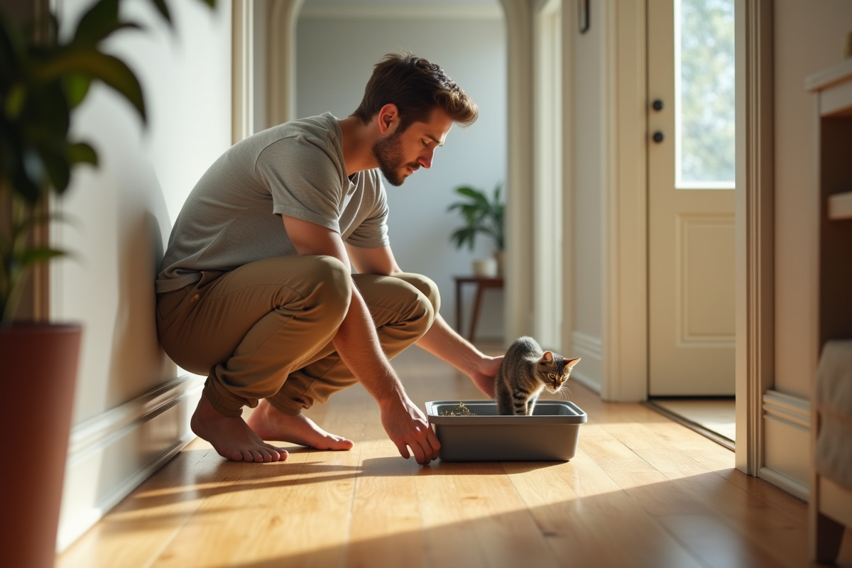 Jeune homme remplissant une litière dans un couloir lumineux