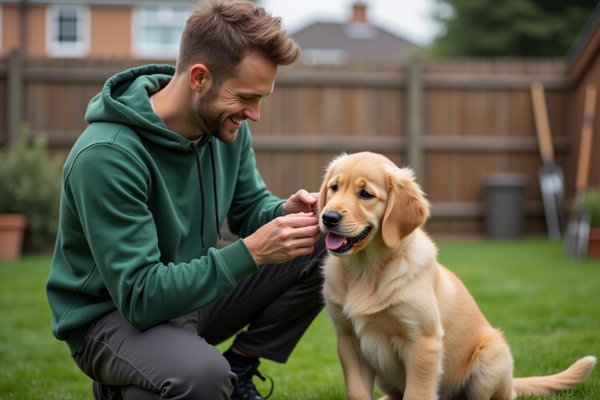 Jeune homme en extérieur taillant un retriever puppy