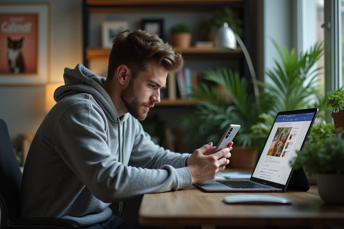 Jeune homme utilisant smartphone et tablette avec animaux