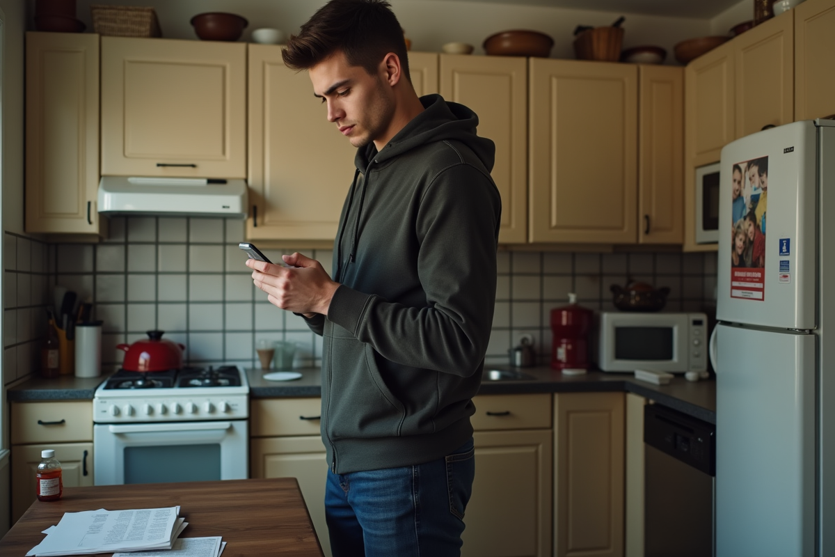 Jeune homme utilisant son téléphone dans une cuisine