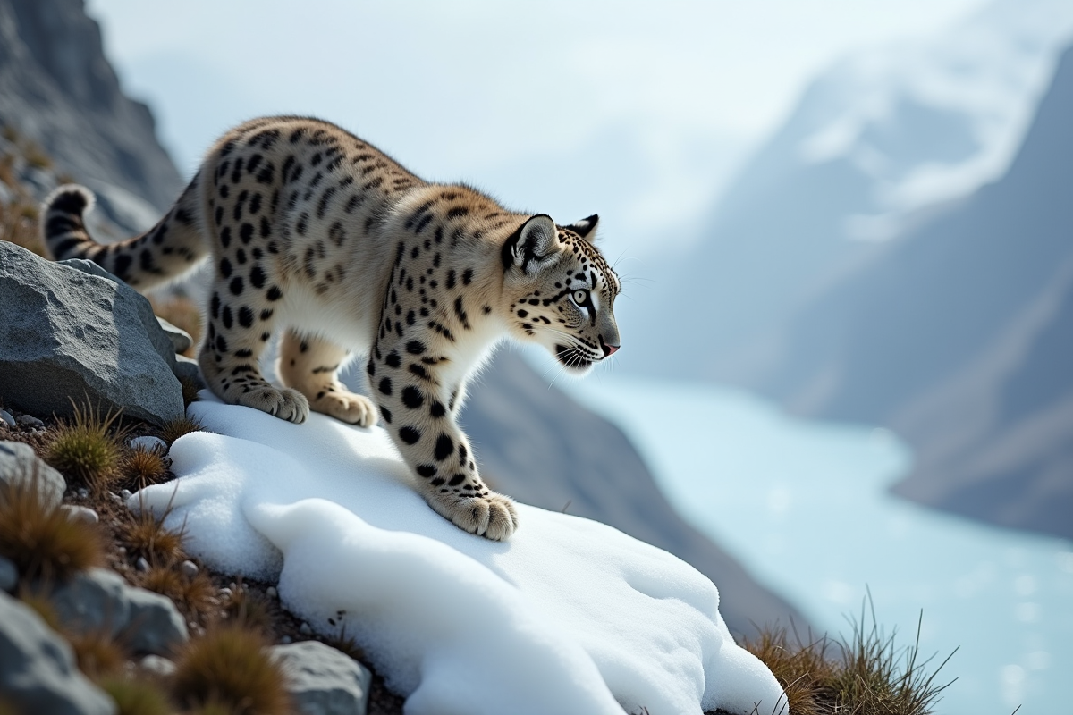 Jeune léopard des neiges sur un glacier en montagne