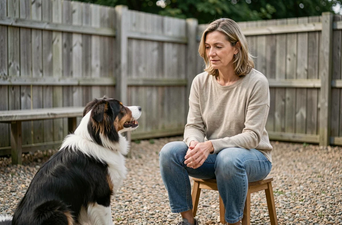 Karine, éducatrice comportementaliste girondine, observant un border collie lors d'une évaluation comportementale en espace clos