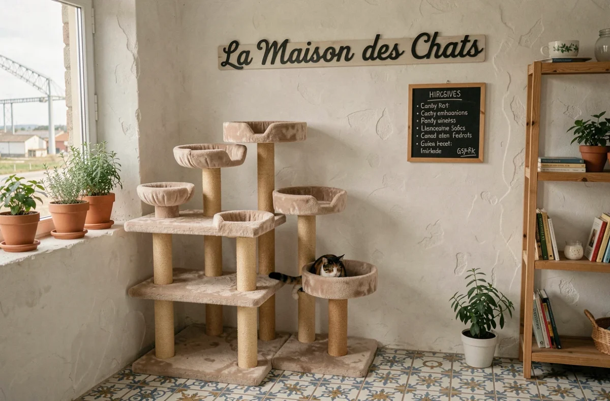 Un chat calico explorant un arbre à chat dans la salle accueillante de La Maison des Chats à Gardanne