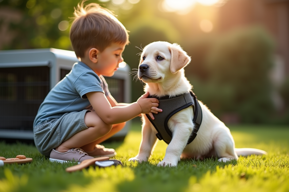 Chiot labrador dans le jardin avec un enfant et accessoires