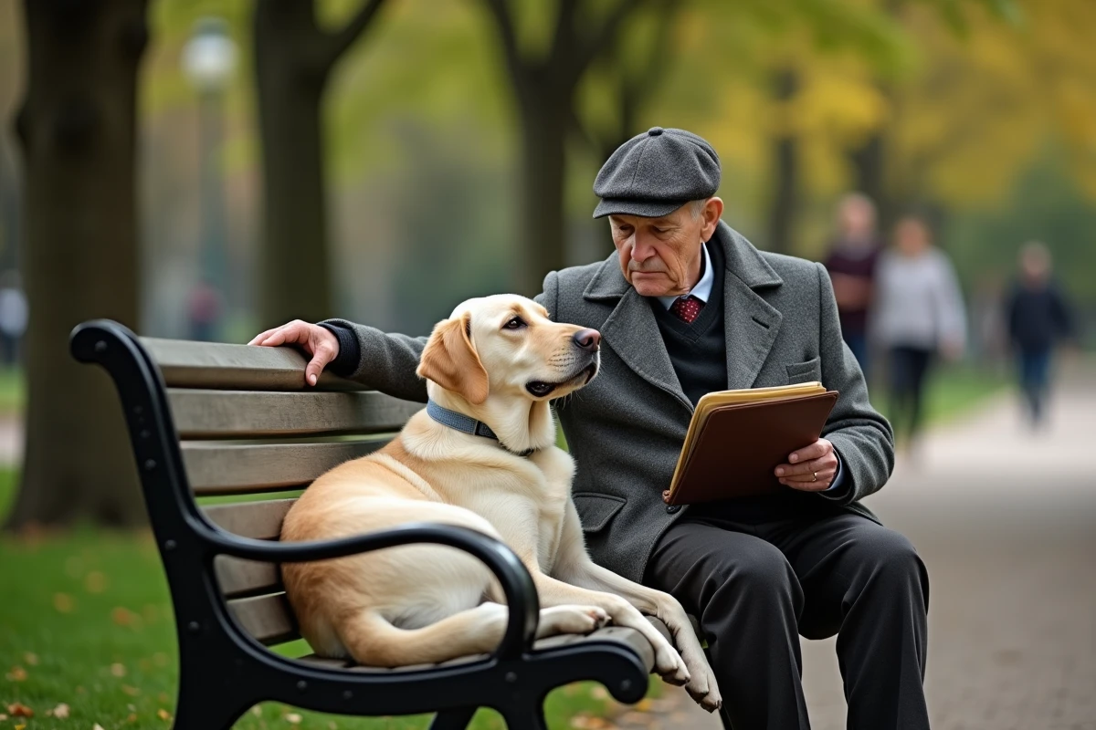Labrador blanc et homme dans un parc urbain