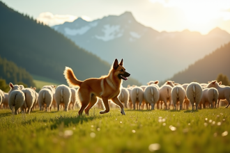 Chien Laekenois belge gardant un troupeau dans un pré ensoleille