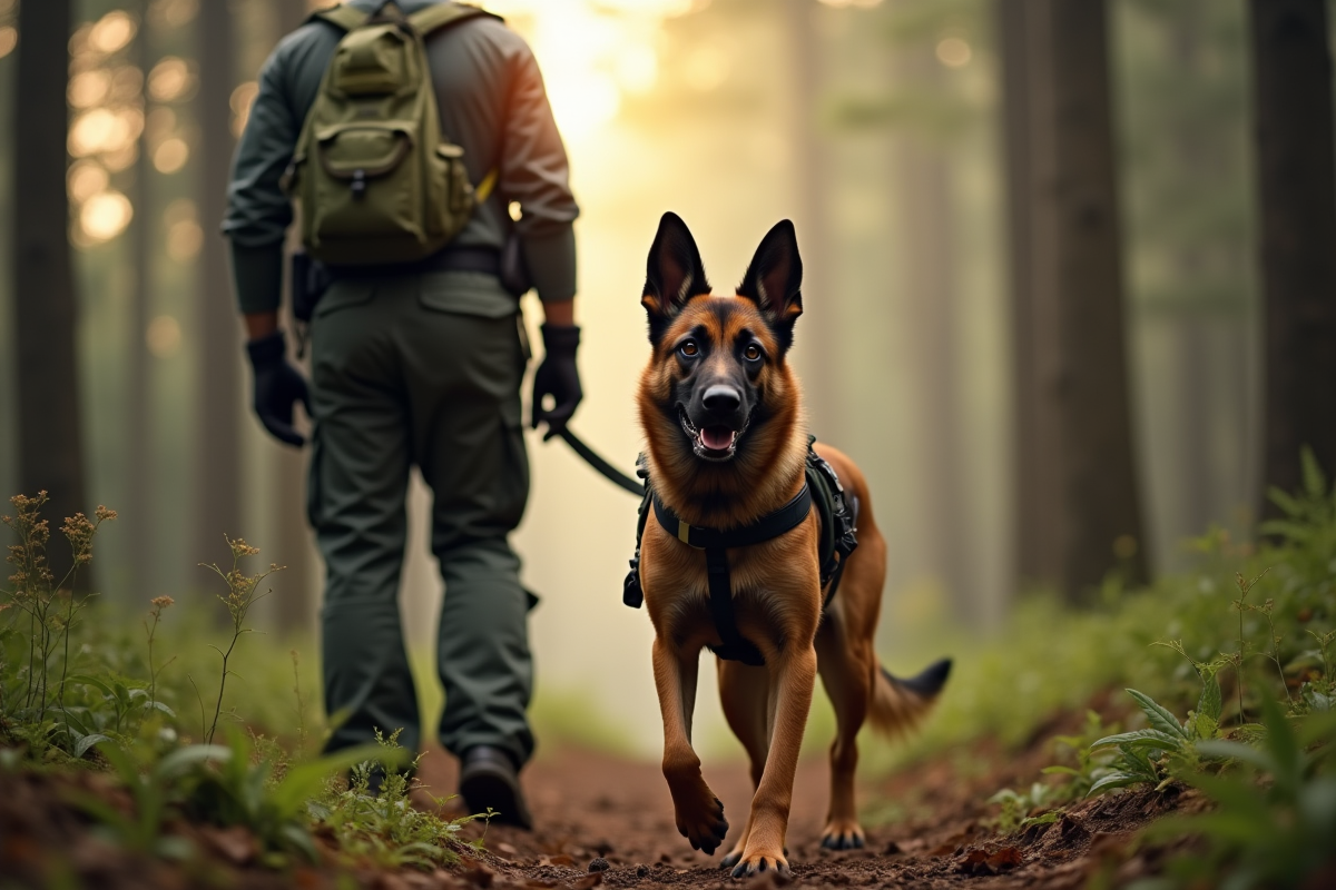 Chien Laekenois en action avec un sauveteur en forêt